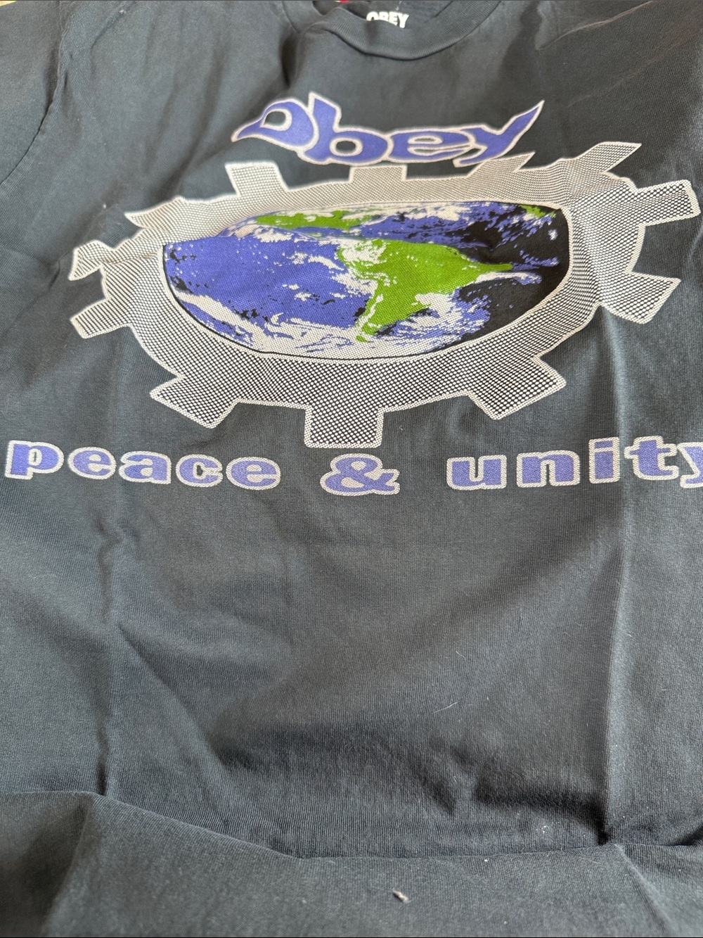 Obey Black Tee with Blue & Green Globe Graphic Peace & Unity